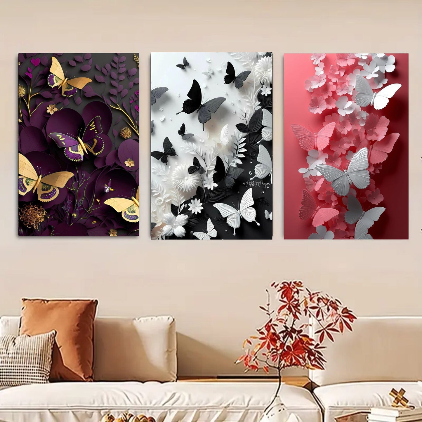 set of 3 Butterfly art wooden frames for wall decoration / sticky photo tile